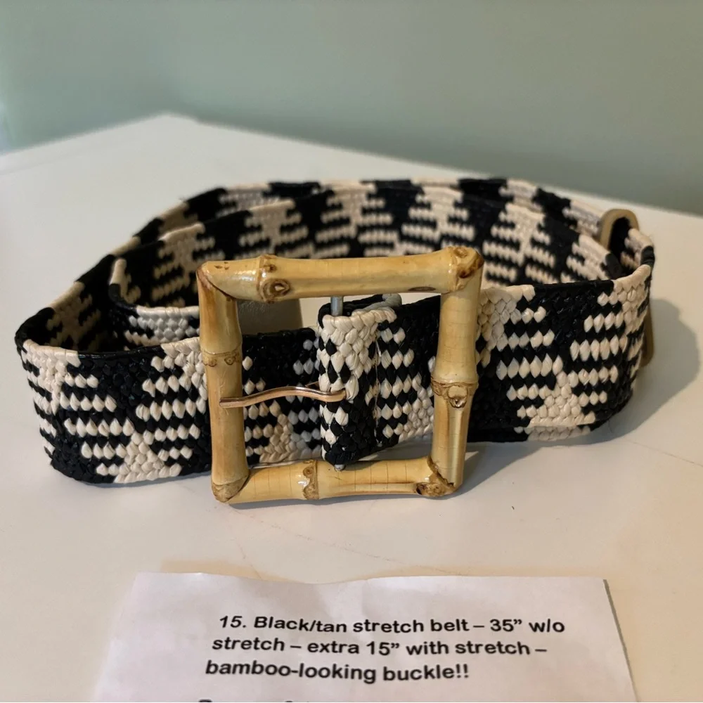 Black White Woven Stretch Belt Bamboo Buckle Boho Resort Waist Belt